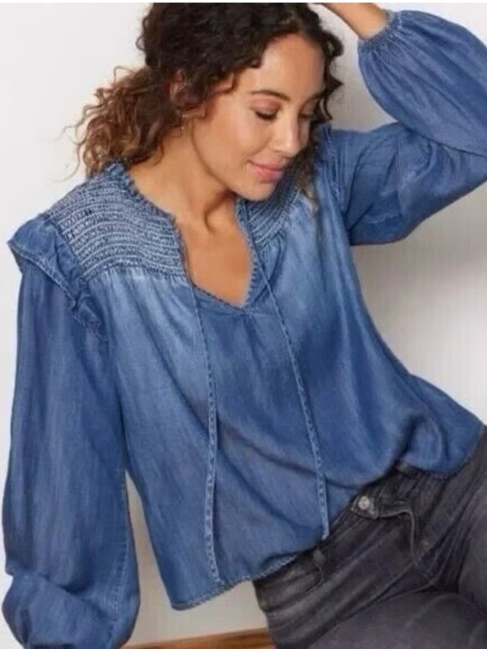 Cloth & Stone Chambray Smocked Yoke Peasant Blouse Tencel XS